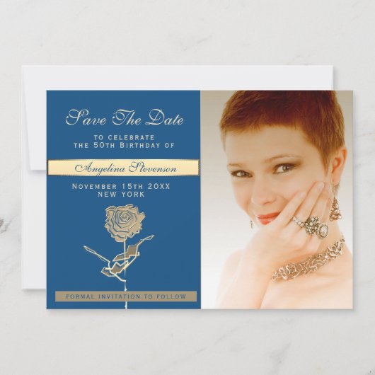 写真50th誕生日ラグジュアリークラシックブルーと金ゴールド セーブザデート (正面)