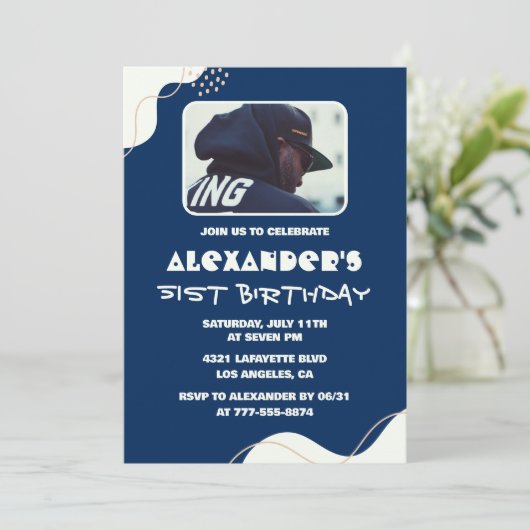 写真51歳の誕生日招待状メンズシンプルネイビー 招待状 (スタンド正面)