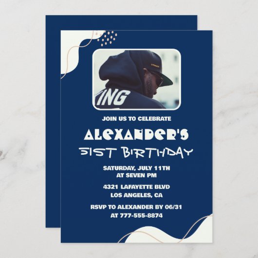 写真51歳の誕生日招待状メンズシンプルネイビー 招待状 (正面/裏面)