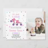 写真5thピンクパープルスケートで滑る誕生日招待状 招待状 (正面)