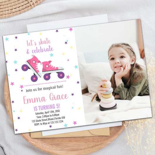 写真5thピンクパープルスケートで滑る誕生日招待状 招待状