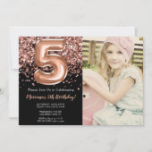 写真5thブラックバラ金ゴールドグリッター誕生日 招待状 (正面)