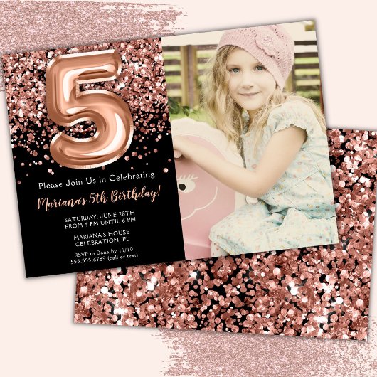 写真5thブラックバラ金ゴールドグリッター誕生日 招待状