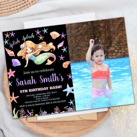写真6歳 紫の海の人魚 誕生日 招待状