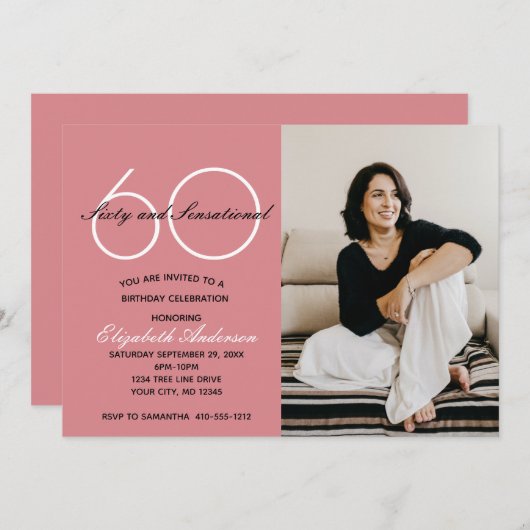 写真60とセンセーショナルなピンクの誕生日招待状 招待状 (正面/裏面)