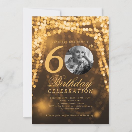 写真60エレガント番誕生日金ゴールドグラムライト 招待状 (正面)