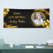 写真60thバースデーパーティーバナーブラック金ゴールド 横断幕 (トレードショー)