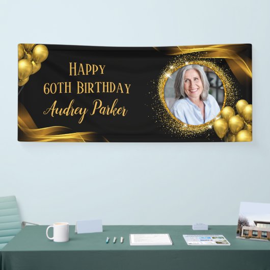 写真60thバースデーパーティーバナーブラック金ゴールド 横断幕 (トレードショー)