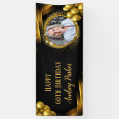 写真60thバースデーパーティーバナーブラック金ゴールド 横断幕 (縦)