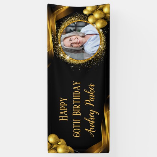 写真60thバースデーパーティーバナーブラック金ゴールド 横断幕 (縦)