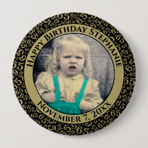 写真65番目の誕生日番号パターン金ゴールド/黒 缶バッジ
