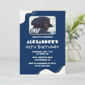 写真69歳の誕生日招待状メンズシンプルネイビー 招待状 (スタンド正面)