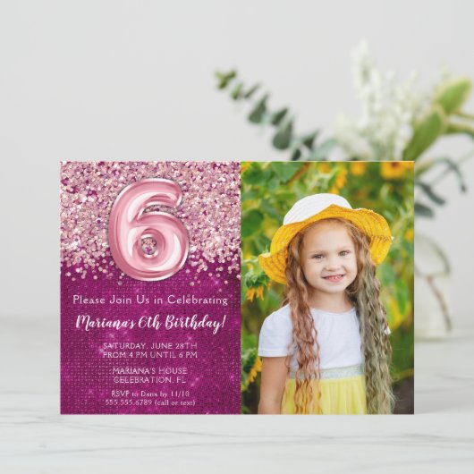 写真6thキッズマゼンタピンクグリッター誕生日 招待状 (スタンド正面)