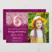 写真6thキッズマゼンタピンクグリッター誕生日 招待状 (正面/裏面)