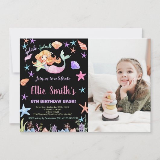写真6thピンクザシーマーメイド誕生日 招待状 (正面)