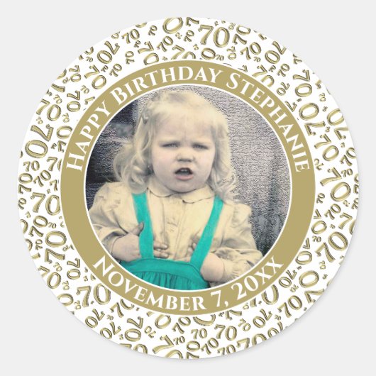 写真70誕生日番号 |金ゴールド/白70 ラウンドシール (正面)