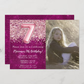 写真7thマゼンガーリータピンクグリッター誕生日 招待状 (正面/裏面)