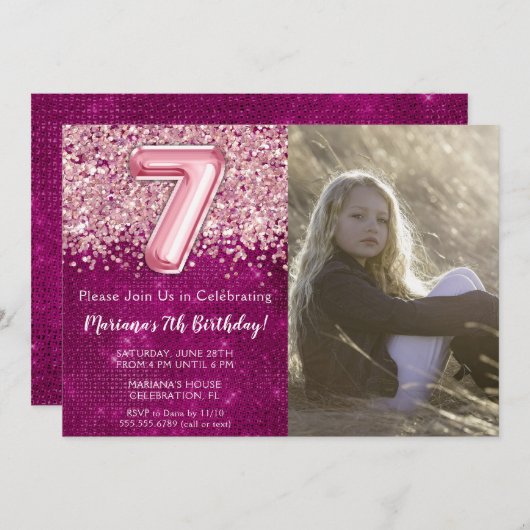 写真7thマゼンガーリータピンクグリッター誕生日 招待状 (正面/裏面)