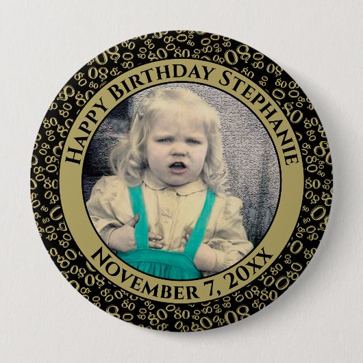写真80番目の誕生日番号パターンブラック/金ゴールド 缶バッジ (正面)