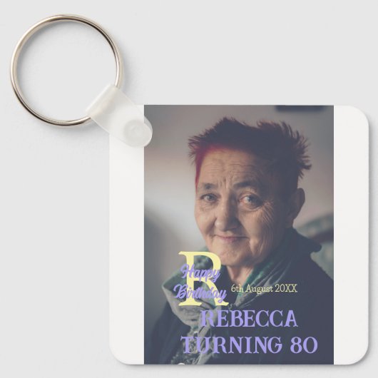 写真80th birthday add name date モダン purple ye キーホルダー (正面)