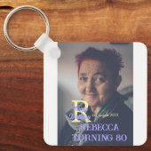 写真80th birthday add name date モダン purple ye キーホルダー (正面)