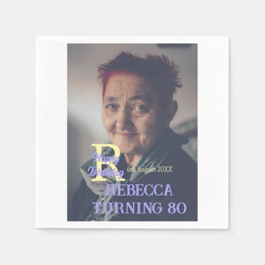 写真80th birthday add name date モダン purple ye スタンダードカクテルナプキン (正面)