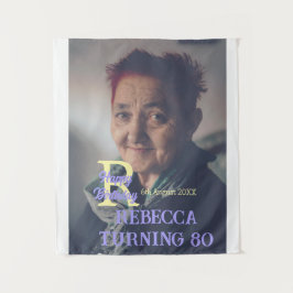 写真80th birthday add name date モダン purple ye タペストリー