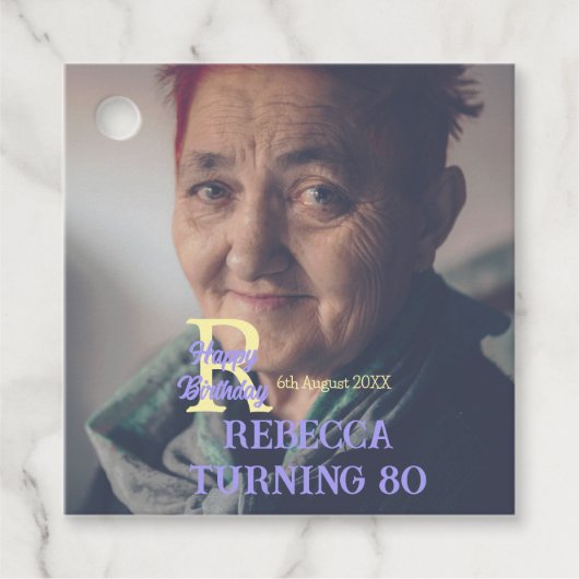 写真80th birthday add name date モダン purple ye フェイバータグ (正面)