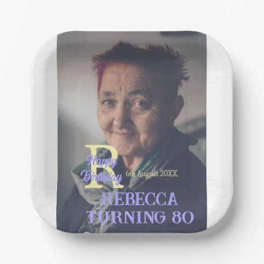 写真80th birthday add name date モダン purple ye ペーパープレート (正面)