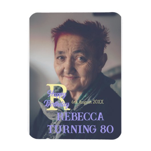 写真80th birthday add name date モダン purple ye マグネット (縦)