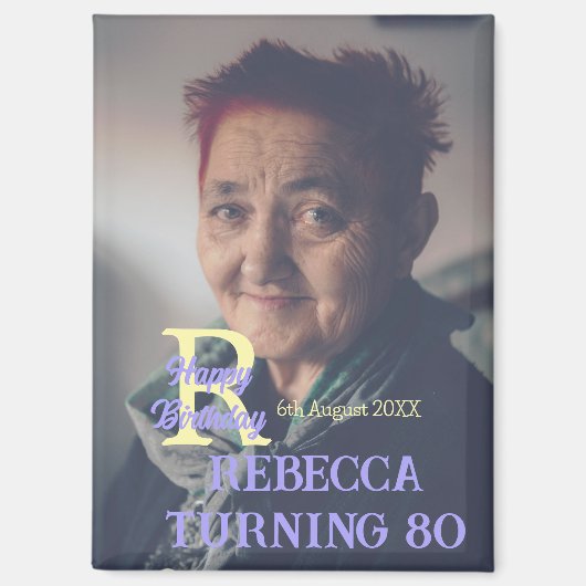写真80th birthday add name date モダン purple ye マグネット (正面)