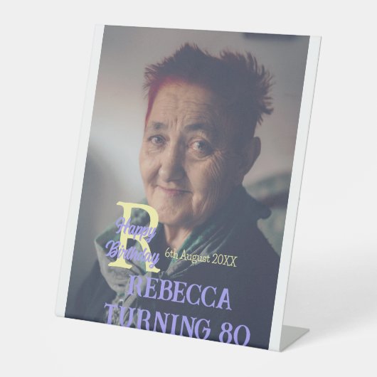 写真80th birthday add name date モダン purple ye 台座サイン (正面)