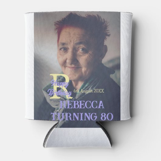 写真80th birthday add name date モダン purple ye 缶クーラー (正面)