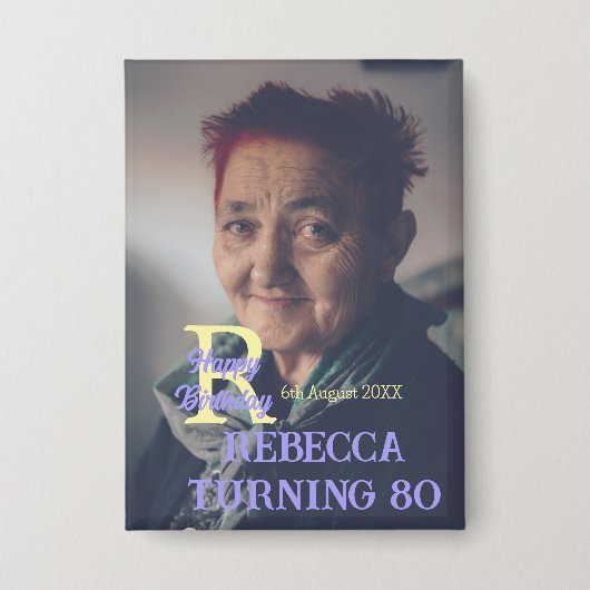 写真80th birthday add name date モダン purple ye 缶バッジ (正面)