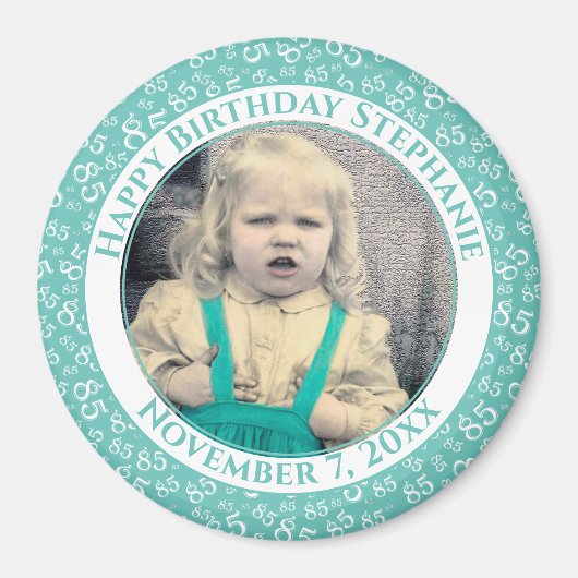 写真85番目の誕生日 | ティール(緑がかった色)/白 マグネット (正面)