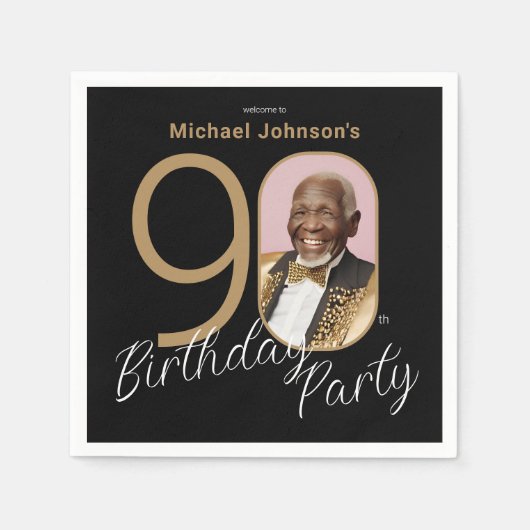 写真90番目の誕生日金ゴールドブラックエレガントカスタム スタンダードカクテルナプキン (正面)