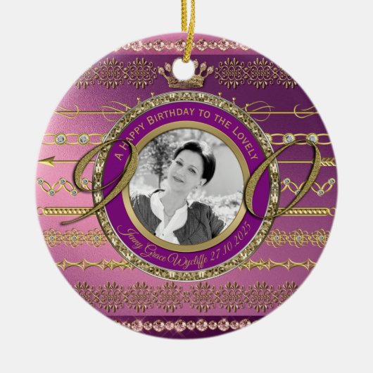 写真90誕生日金ゴールドクラウンダイヤモンドフレーム セラミックオーナメント (正面)