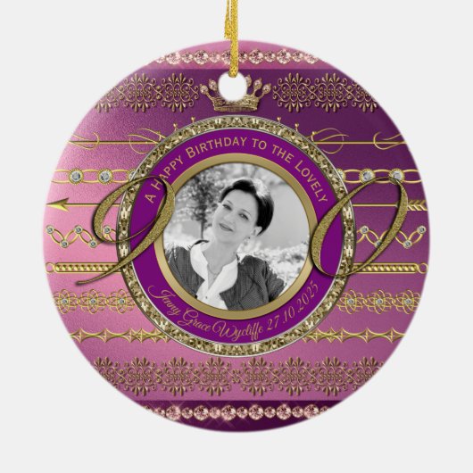 写真90誕生日金ゴールドクラウンダイヤモンドフレーム セラミックオーナメント (裏面)