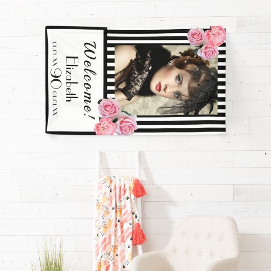 写真90th誕生日白黒ストライプ花模様 横断幕 (インサイチュ)