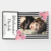 写真90th誕生日白黒ストライプ花模様 横断幕 (横)