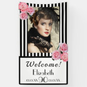 写真90th誕生日白黒ストライプ花模様 横断幕 (縦)