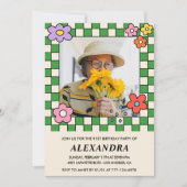 写真91歳の誕生日の招待レトロGroovyフローラ 招待状 (正面)