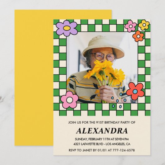 写真91歳の誕生日の招待レトロGroovyフローラ 招待状 (正面/裏面)