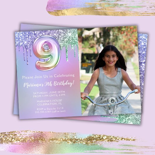 写真9thパープルピンクグリッター誕生日パーティー 招待状