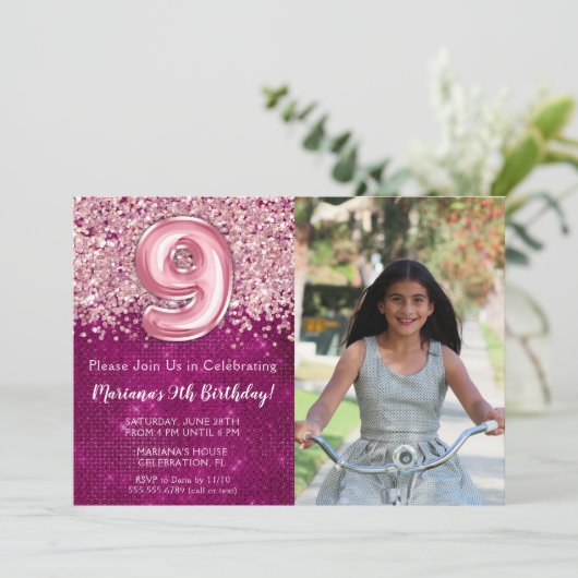 写真9thマゼンタピンクグリッター誕生日 招待状 (スタンド正面)
