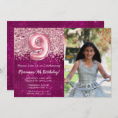 写真9thマゼンタピンクグリッター誕生日 招待状 (正面/裏面)