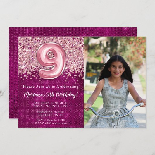 写真9thマゼンタピンクグリッター誕生日 招待状 (正面/裏面)