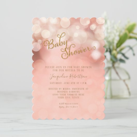 《写真》ぼけ味のきらめきライトプリンセスの女の子のベビーシャワーのピンク 招待状 (スタンド正面)