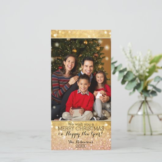 《写真》ぼけ味のクリスマス家族の写真の輝きのきらめく シーズンカード (スタンド正面)