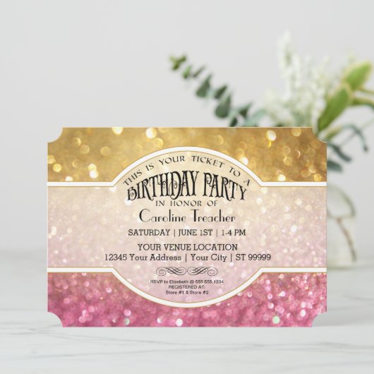 《写真》ぼけ味の誕生日映画チケットのスタイルのピンクの輝き 招待状 (スタンド正面)